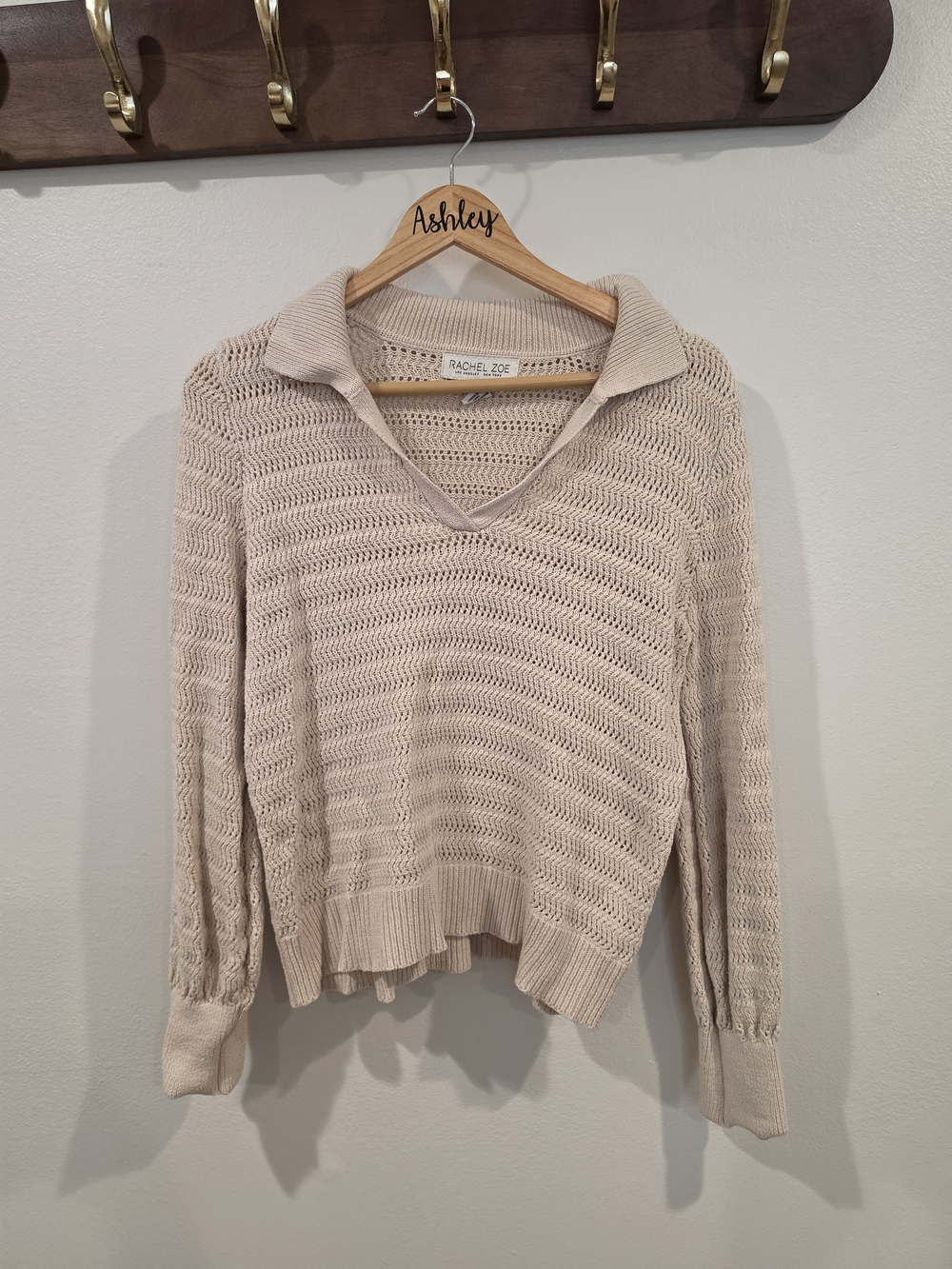 Rachel Zoe Beige Open V-Collar Knit Sweater